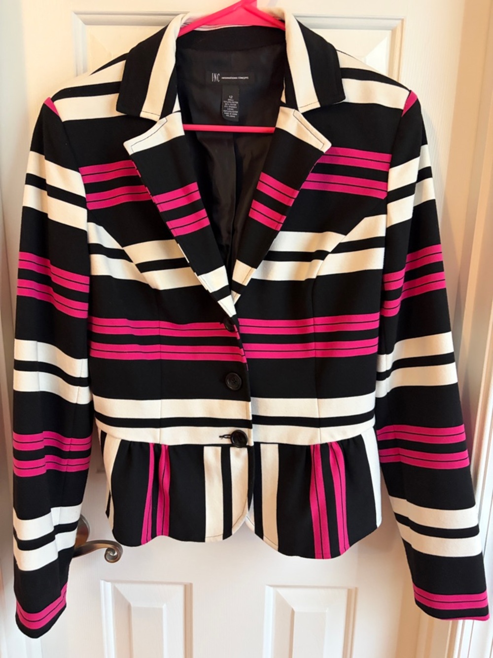 INC International Concepts Black, White & Pink Striped Peplum Blazer